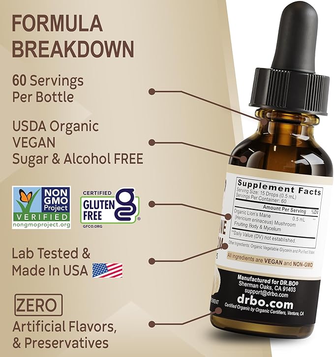 Lions Mane Mushroom Supplement Drops - Organic Lion's Mane Mushroom Liquid Tincture for Focus, Fog Brain Health Supplements - Vegan Herbal Nervine Nootropic Organic Lions Liquid Supplement Extract 1oz