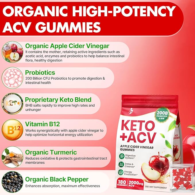 Apple Cider Vinegar Gummies, Advanced ACV Gummy with Probiotics, BHB, B12 and Keto Support - Keto Acv Gummies for Detox, Metabolism, Digestion, Gut & Immune Health - Sugar Free, Vegan, 180 Counts
