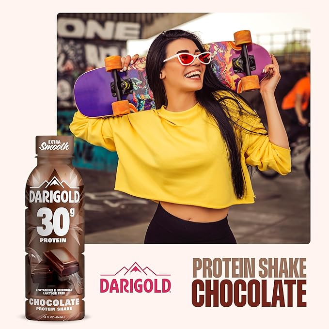 Darigold Ready to Drink Chocolate Protein Shake, 30g Protein, No Added Sugar, Lactose Free, Only 170 Calories, Electrolytes, Gluten Free - 14oz bottles 12 pack