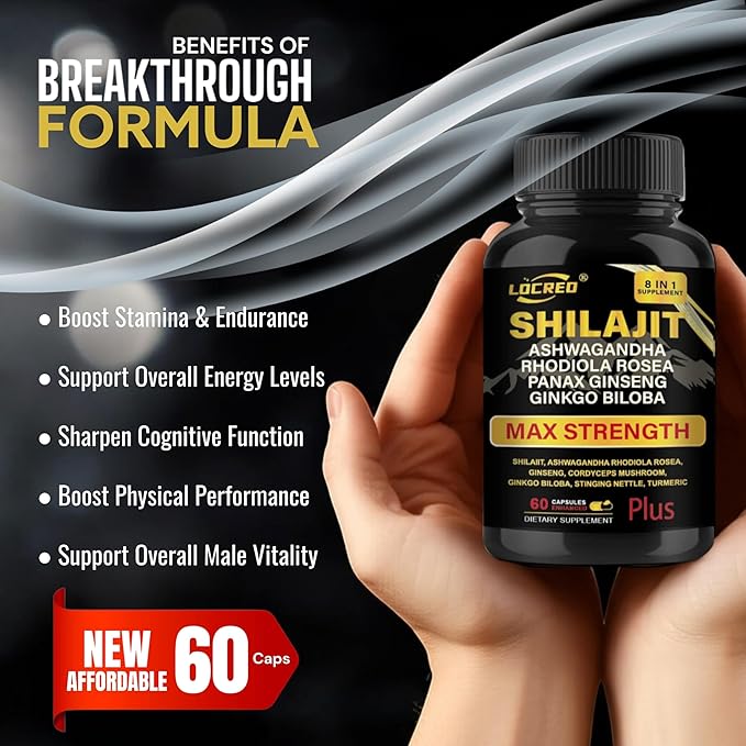 Shilajit Capsules for Men & Women, 8 in 1, with Shilajit 18000 mg, Ashwagandha, Ginseng, Ginkgo, Rhodiola, Cordiceps, Natural Energy & Stamina Supplement for Men, 60 Capsules.