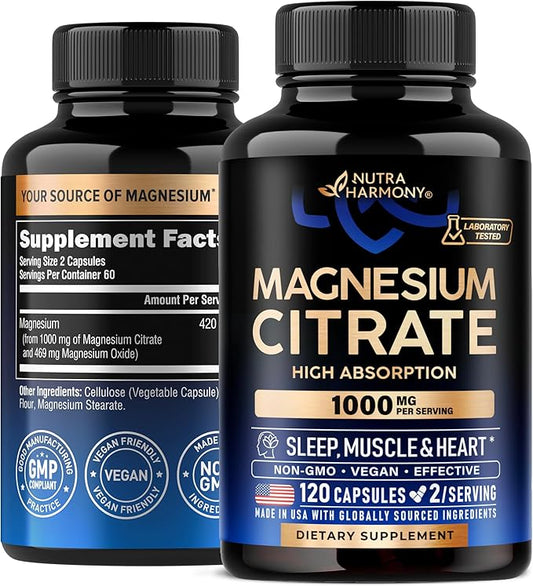 Magnesium Citrate Capsules 1000mg | High Absorption Supplement - Sleep, Muscle & Heart Support - Vegan | Non-GMO - Made in USA - As Powder | Pills | Tablets - 120 Capsules, 2 Month Supply