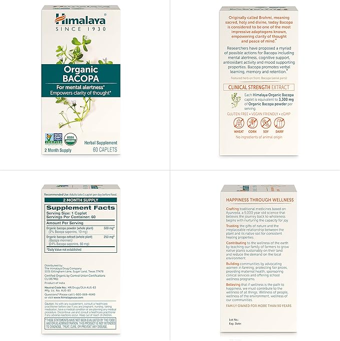 Himalaya Organic Bacopa Monnieri Nootropic Herbal Supplement, Supports Calm, Memory, Cognition, USDA Certified Organic, Non-GMO, 750 mg, 60 Plant-Based Caplets, 60 Day Supply
