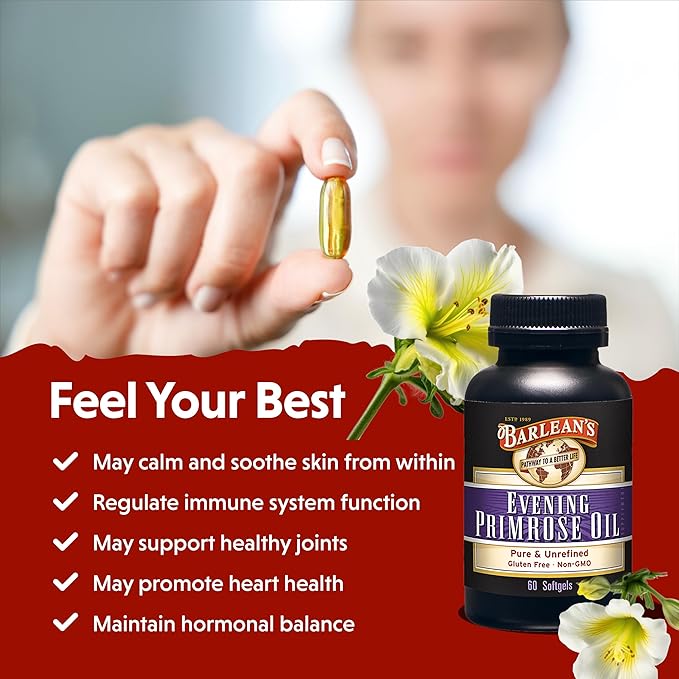 Barlean's Evening Primrose Oil Softgels with Gamma-Linolenic Acid (GLA) - Non-GMO, Gluten-Free - 60-Softgels