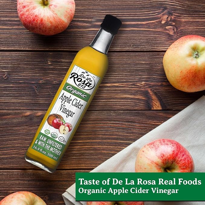 De La Rosa Organic Apple Cider Vinegar, Raw & Unfiltered with The Mother, Kosher for Passover, Vegan & Gluten-Free, Perfect for Salad Dressings & Marinades, 16.9 oz (Single Bottle)