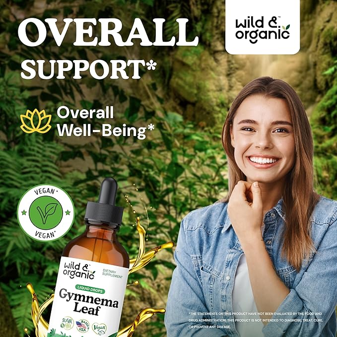 Wild & Organic Gymnema Sylvestre Extract Drops - Sugar-Free Gymnema Sylvestre Supplements - Gurmar Powder Based Tincture - Vegan, Alcohol-Free Leaf Liquid Drops - 4 fl oz