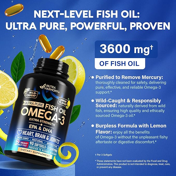 Omega 3 Fish Oil 3600 mg - Omega 3 Supplement | EPA & DHA - Heavy Metals Free - Heart, Brain & Joint Support - Purified Fish Oil for Men & Women - Burpless, Lemon Flavored - Made in USA, 120 Softgels
