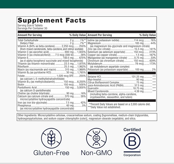 Metagenics Multigenics Intensive Care Multivitamin with Iron - Dietary Supplements for Everyday - with Iron, Quercetin, Beta-Carotene, Ascorbic Acid & More - Non-GMO - Gluten-Free - 180 Tablets
