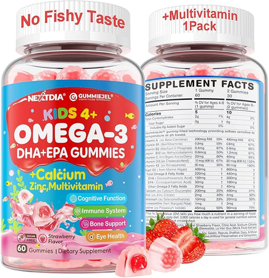 Omega 3 (EPA/DHA) Filled Gummies for Kids with Multivitamin, Calcium + D3 + K2 + Zinc, Plus Vitamin A B1 B2 B12 C, Selenium, lodine for Brain, Eye, Bone, Energy, No Fish Taste, Sugar Free