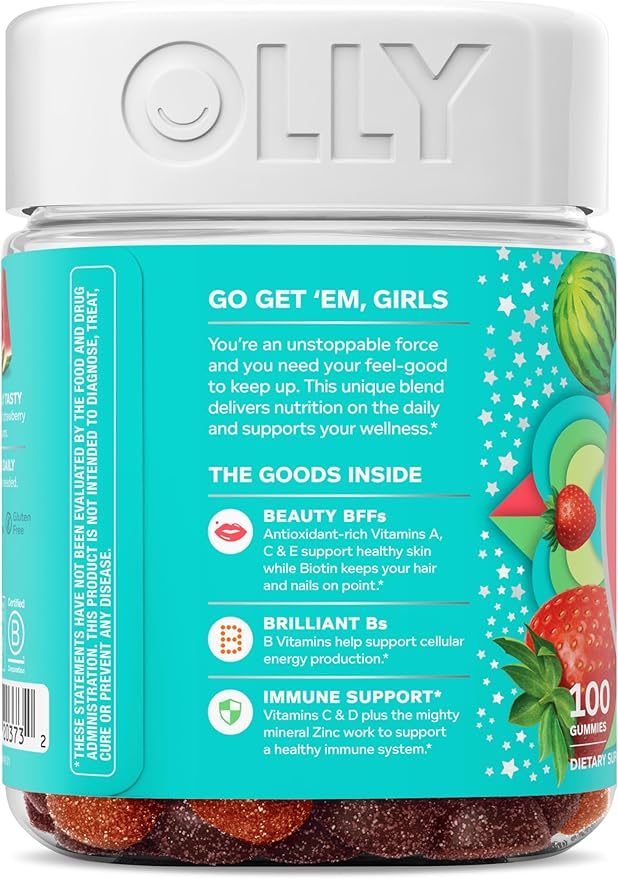 OLLY Teen Girl Multi Gummy, Healthy Skin and Immune Support*, Essential Vitamins, Biotin, Zinc, Chewable Multivitamin, Strawberry Melon Flavored, 50 Day Supply - 100 Count