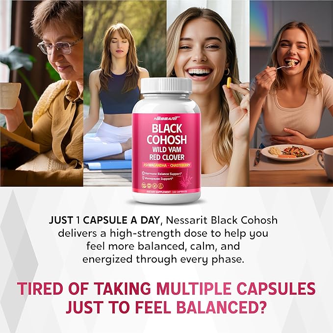 Black Cohosh 9,600mg* – Hormonal Balance Support with Wild Yam, Red Clover, Ashwagandha, Chasteberry & More – 150 Capsules – Made & Lab Tested in USA