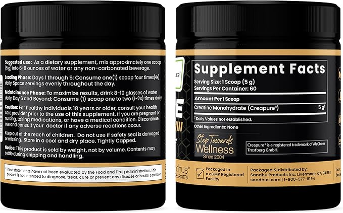 Sandhu's Creapure German Creatine Monohydrate Powder Supplements for Men & Women, Unflavored, 60 Servings (Pack of 1), 10.58 Oz, Sport Supplement Supports Lean Muscle Building