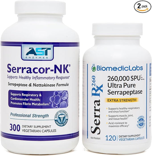 Serracor-NK (300) & Serra-RX 260,000 SU (120)- Scar Tissue Bundle - Acid-Resistant Serrapeptase Proteolytic Systemic Enzyme
