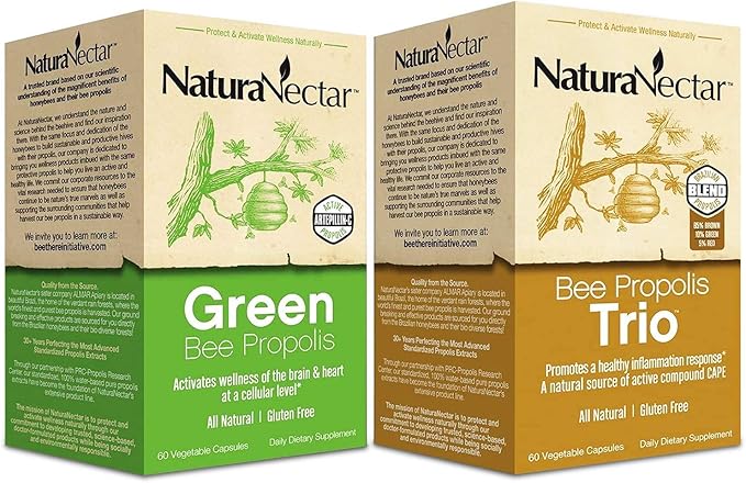 NaturaNectar Natural Bee Propolis Bundle - Trio and Green Propolis - for Immune, Memory and Focus Support* - 60 Capsules per Bottle