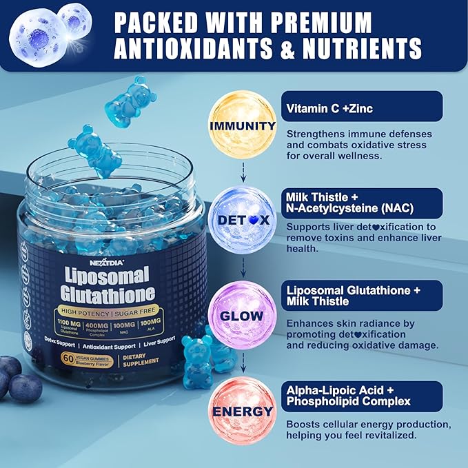Liposomal Glutathione Gummies Chews, 1100mg Concentrated Formula - 98% Bioavailable w/Vitamin C, ALA, NAC & Milk Thistle for Antioxidant - Liver Cleanse Detox Supplement, Vegan, 120 ct