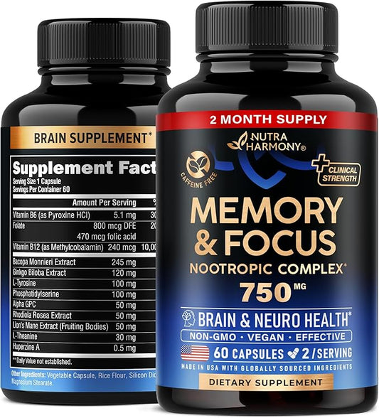 Brain Supplement for Memory & Focus 750 mg - Magnesium | L-Theanine | Bacopa Monnieri | Ginkgo Biloba | Lions Mane - 12in1 Nootropic Complex for Neuro Health - Caffeine-free - Made in USA, 60 Capsules