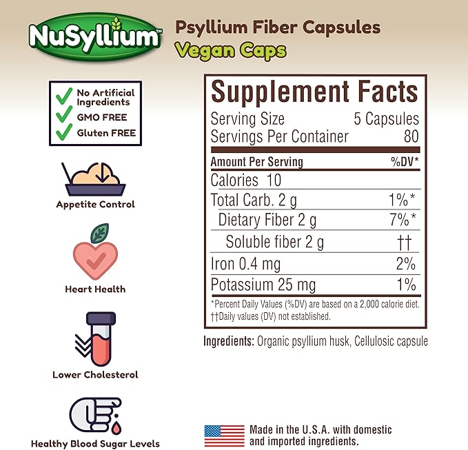 NuSyllium Psyllium Husk Capsules, Organic, USDA Sugar Free, Vegan, 175 Count, Keto-Friendly Dietary Fiber Supplement, Helps Promote Digestive Health*