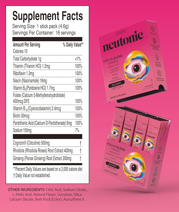 Neutonic Nootropic Focus Blend Powder | Wild Berry 16 Sticks | Caffeine Free, Zero Sugar | Support Memory, Mental Clarity, Cognitive Function | Boost Focus, Energy, Brain Health