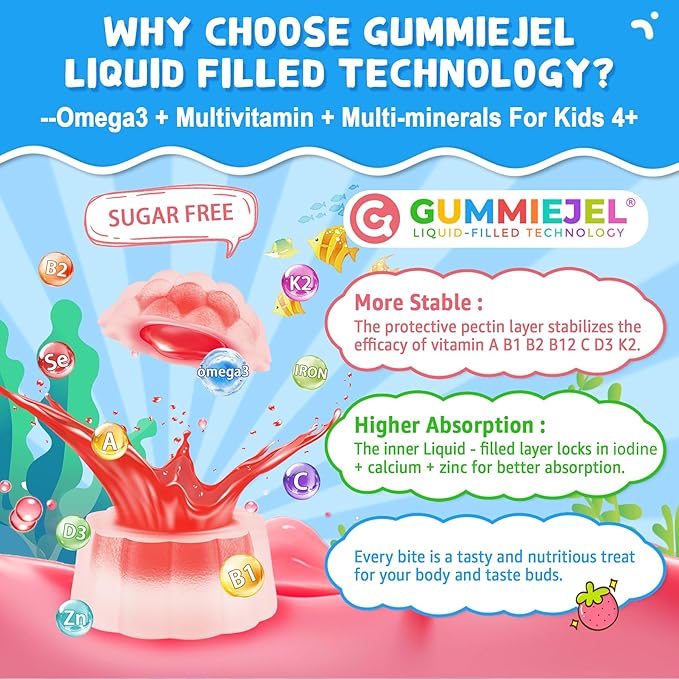 Omega 3 (EPA/DHA) Filled Gummies for Kids with Multivitamin, Calcium + D3 + K2 + Zinc, Plus Vitamin A B1 B2 B12 C, Selenium, lodine for Brain, Eye, Bone, Energy, No Fish Taste, Sugar Free