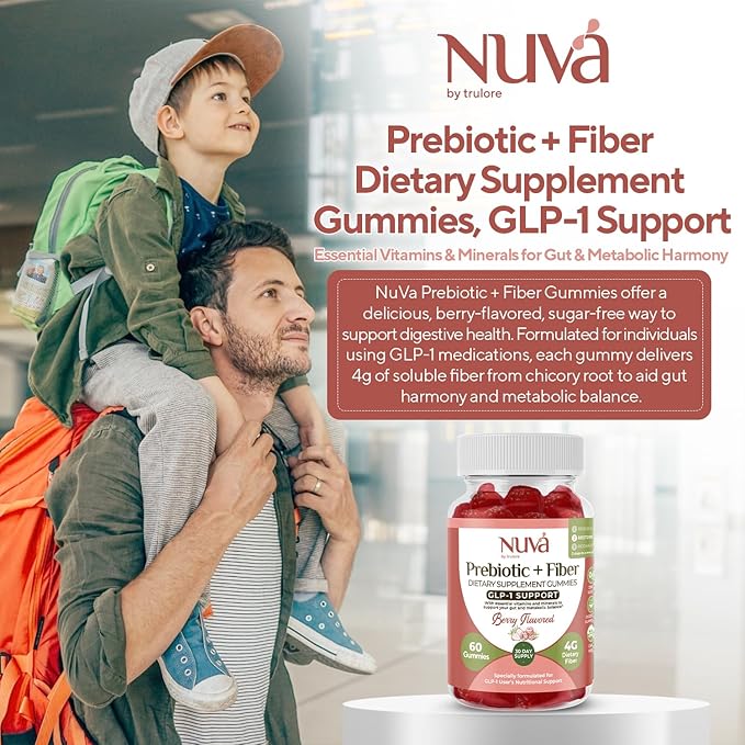 NuVa by Trulore Prebiotic + Fiber Gummies | GLP-1 User Nutritional Support | Sugar Free Fiber Gummies for Adults | Berry Flavor | Non-GMO Digestive Balance for Men & Women | 60 Gummies - 30 day Supply
