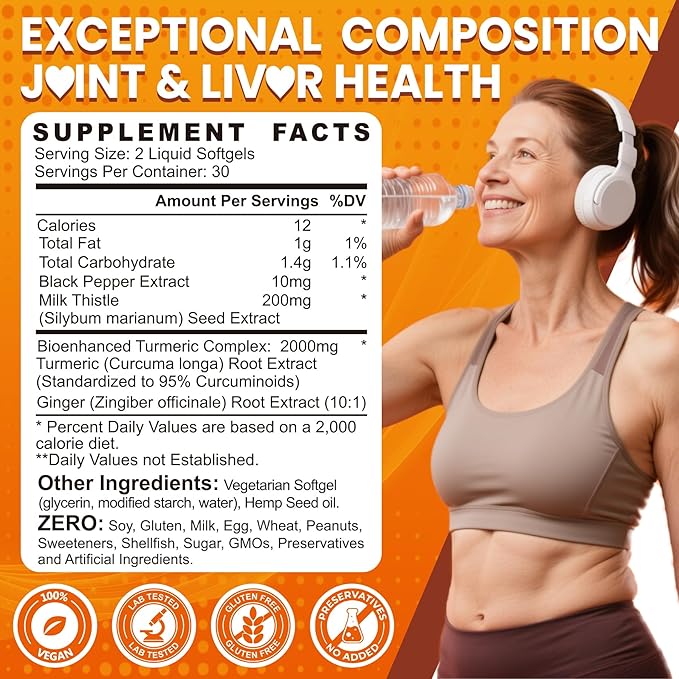 5 in 1 Turmeric Curcumin Softgels 2000mg with Milk Thistle Seed Extract & Black Pepper, Ginger Root - Immune, Liver Support - 95% Curcuminoids - Turmeric and Ginger Supplement Softgel Capsules