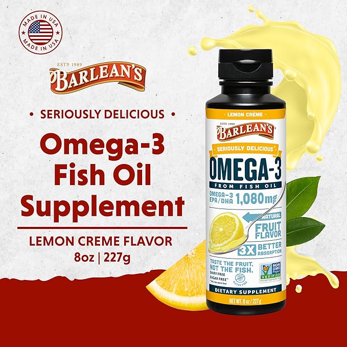 Barlean's Lemon Crème Omega 3 Fish Oil Liquid Supplement, 1080mg of Omega 3 EPA & DHA Fatty Acid, Smoothie Flavored & Burpless for Brain, Joint, & Heart Health, 8 oz