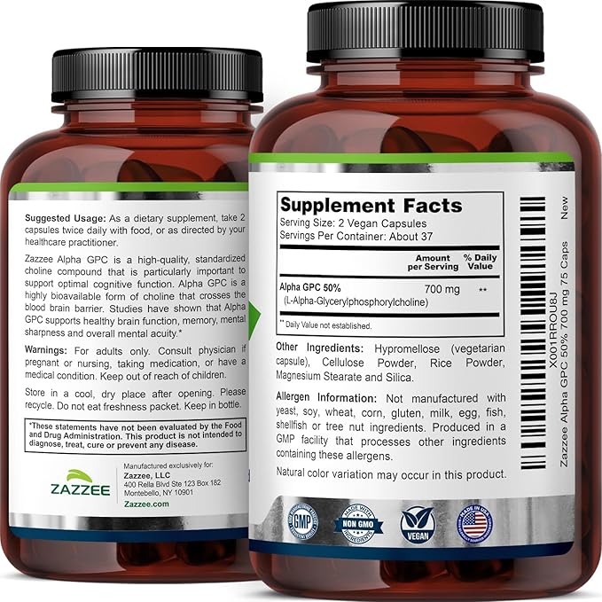 Zazzee Extra Strength Alpha GPC Choline, 700 mg per Serving, 75 Vegan Capsules, 100% Pure Pharmaceutical Grade, 100% Vegetarian, Standardized for Potency and Purity, All-Natural and Non-GMO