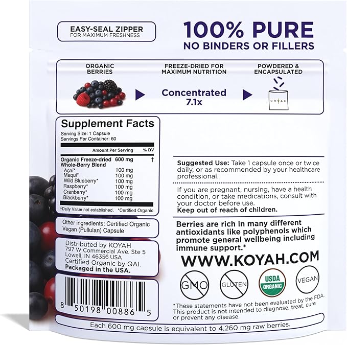 KOYAH Organic Berry Blend Capsules – Antioxidants & Polyphenols - 600 mg - Freeze-Dried (7.1x Concentrated) - Vegan, Non-GMO, Allergen-Free, Gluten-Free, 100% Whole-Berry - 60 Capsules