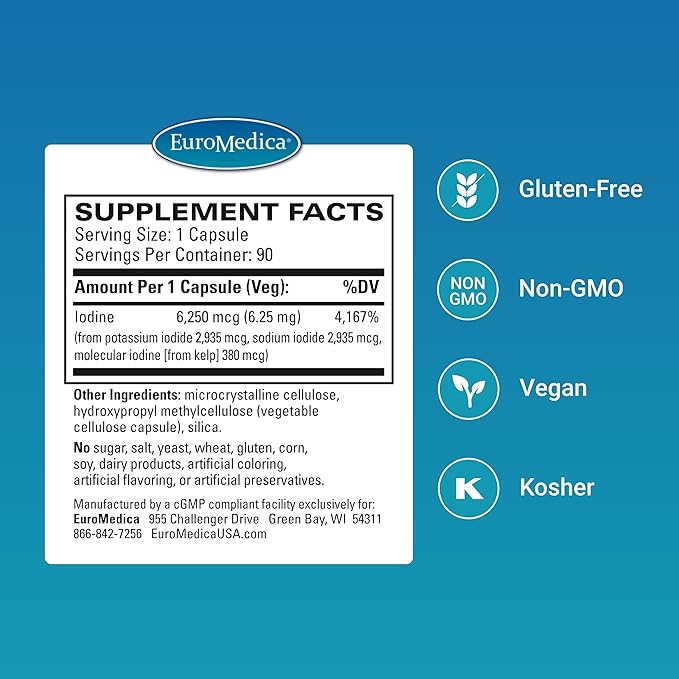 EuroMedica Tri-Iodine, 6.25mg, 90 Capsules - Potassium Iodide, Sodium Iodide & Molecular Iodine - Supports Healthy Thyroid & Immune Function - 90 Servings