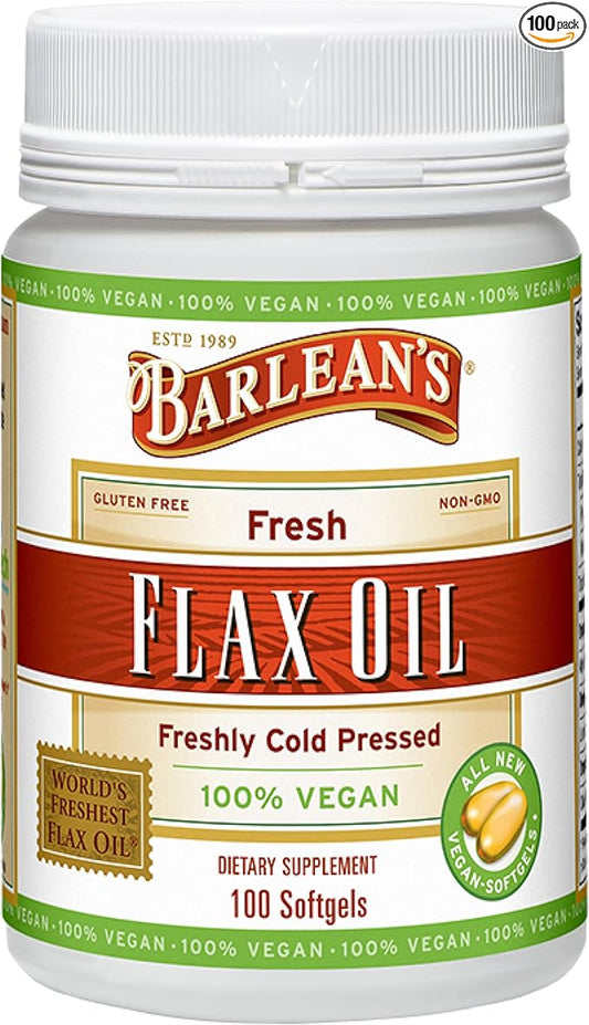 Barlean's Vegan Flaxseed Oil Supplements, Cold-Pressed Flax Seed Supplement Softgels with 1650 mg ALA Fatty Acids, 100 Count