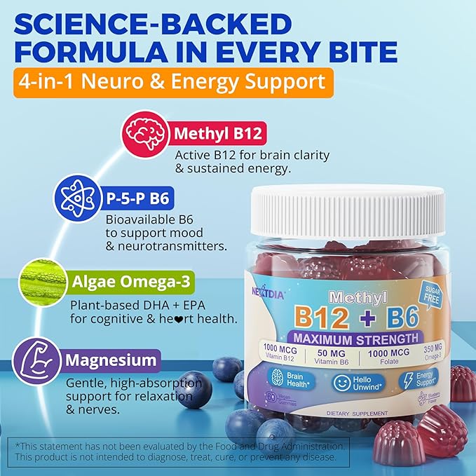 3-in-1 Methylated B Complex + Omega-3 Gummies With Vitamin B12 1000 mcg + Methylfolate 1000 mcg, B6 Vitamins for Energy, Mood & Brain - Sugar Free B Complex Vitamins for Women, Men, Vegan, 2 Pack