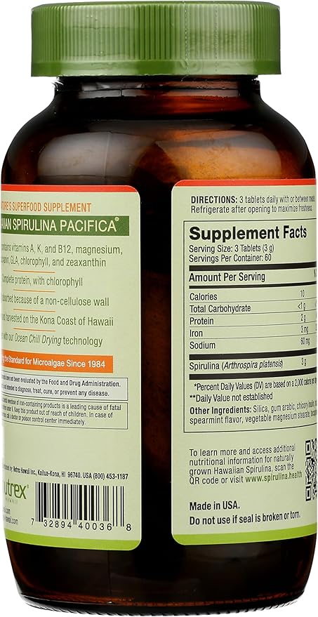 Nutrex Hawaii, Pure Hawaiian Spirulina, 1000 mg Spearmint Tablets, 180 Count, Vegan, Supports Immune System, Heart, Cells and Energy
