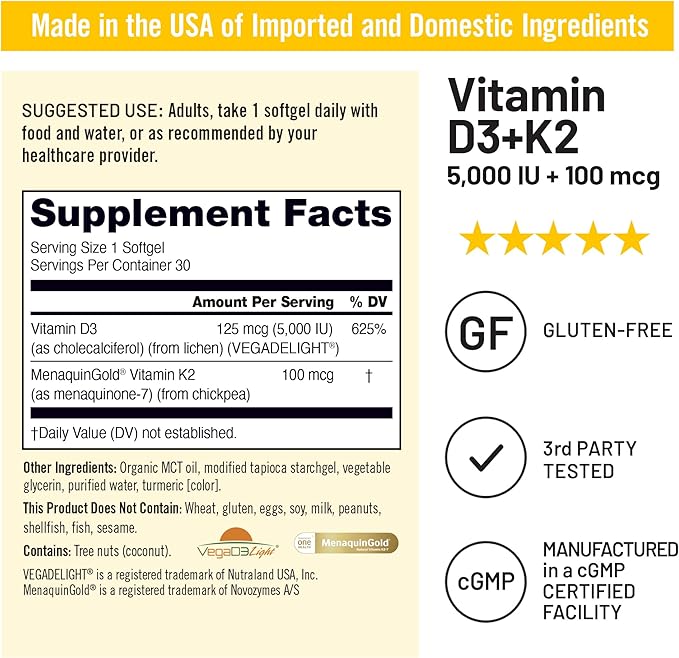 NatureWise Vegan Vitamin D3 + K2 with Organic Coconut MCT Oil - Organic D3 5000IU + Natural K2 100mcg - High Absorption Bone Support - Soy & Gluten Free - USA Manufactured - 30 Softgels[30-Day Supply]