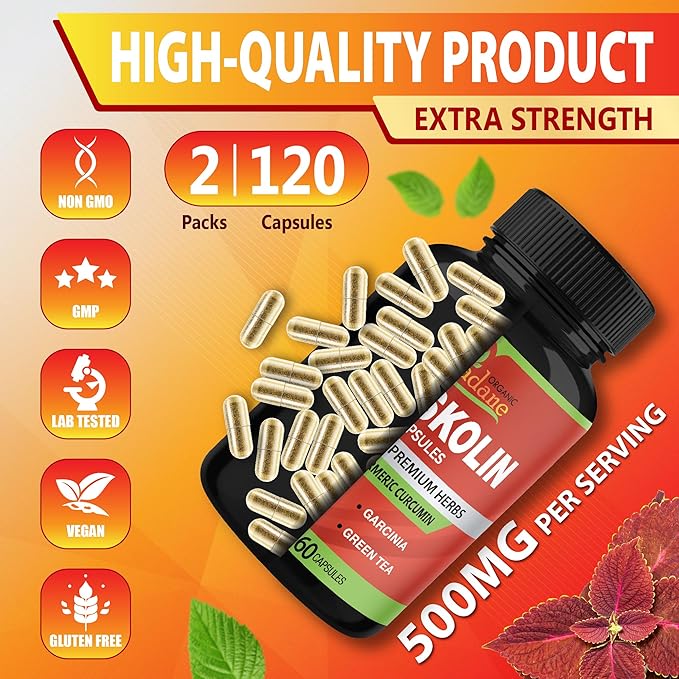 Organic Cadane 2 Packs Forskolin Supplements Capsules & Turmeric, Arjuna, Garcinia Cambogia, Green Tea - Maximum Strength Coleus Forskohlii Extract - Support Energy Production & Immune System