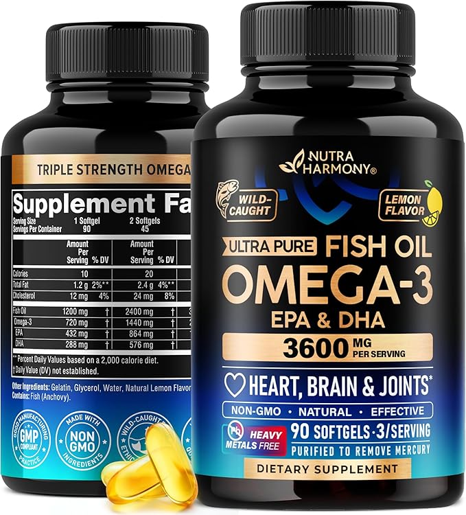 Omega 3 Fish Oil 3600 mg - Omega 3 Supplement | EPA & DHA - Heavy Metals Free - Heart, Brain & Joint Support - Purified Fish Oil for Men & Women - Burpless, Lemon Flavored - Made in USA, 120 Softgels