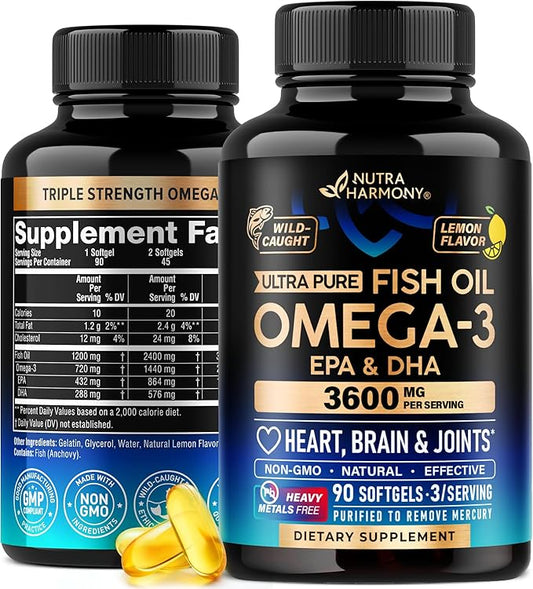Omega 3 Fish Oil 3600 mg - Omega 3 Supplement | EPA & DHA - Heavy Metals Free - Heart, Brain & Joint Support - Purified Fish Oil for Men & Women - Burpless, Lemon Flavored - Made in USA, 120 Softgels