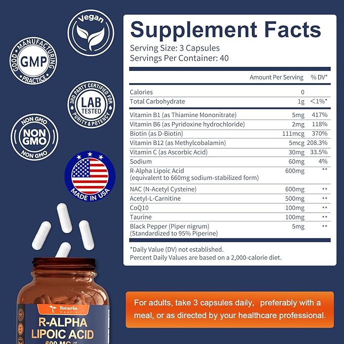 R Alpha Lipoic Acid 600mg - ALA Supplement for Neuropathy & Antioxidant Support Capsules, Nerve Health, Cell Energy, Metabolism and Anti-Aging, Non-GMO, Gluten Free, Vegan Safe 120 Counts
