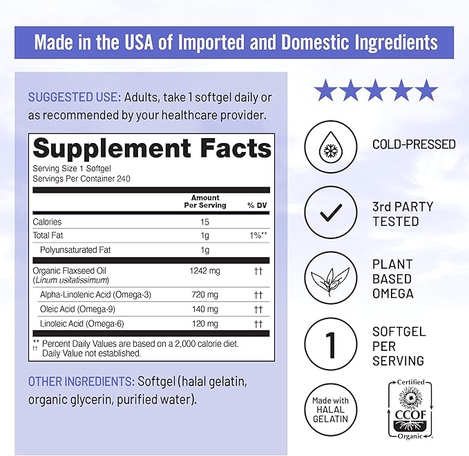 NatureWise Flaxseed Oil 1,242 mg, Fish Free Omega 3 6 9 with 720mg ALA, Dietary Supplement for Heart Health Support - Organic, Cold Pressed, Non-GMO - 240 Softgels[8-Month Supply]