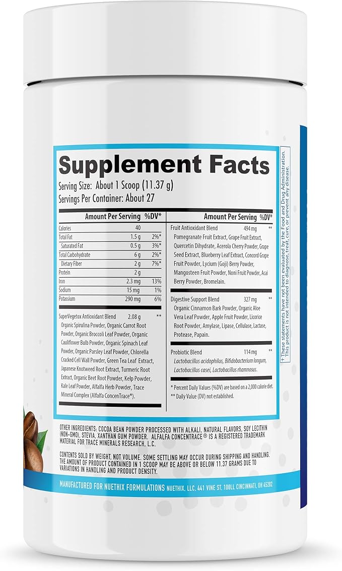 NuEthix Formulations Gourmet Greens Drink Powder Dietary Supplement with Fruit and Vegetable Superfoods and Probiotics, Espresso, 27 Servings