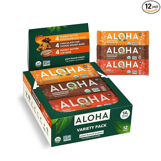 ALOHA Organic Plant Based Protein Bars - 3 Flavor Variety Pack - 12 Count, 1.98oz Bars - Vegan Snacks, Low Sugar, Gluten-Free, Low Carb, Paleo, Non-GMO, Stevia-Free, No Sugar Alcohol Sweeteners