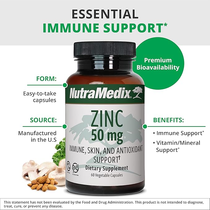 NutraMedix Zinc 50mg - Supplements for a Healthy Immune Defense, Skin Health & Antioxidant Support - Easy to Digest Zinc for Immune Health (60 Capsules)