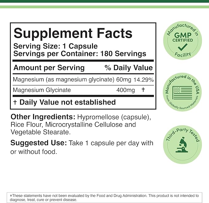 Magnesium Glycinate 400mg, 180 Capsules - for Sleep, Muscle, & Heart Support - (Vegan, Third Party Tested, Gluten Free, Non-GMO) by Double Wood Supplements