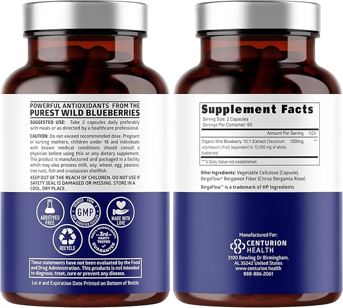 USDA Organic Wild Blueberry Extract 10:1 Concentrate, 10,000 MG per Serving Equivalent to 24 Whole Blueberries, Supports Immune Health, 120 Vegan Capsules