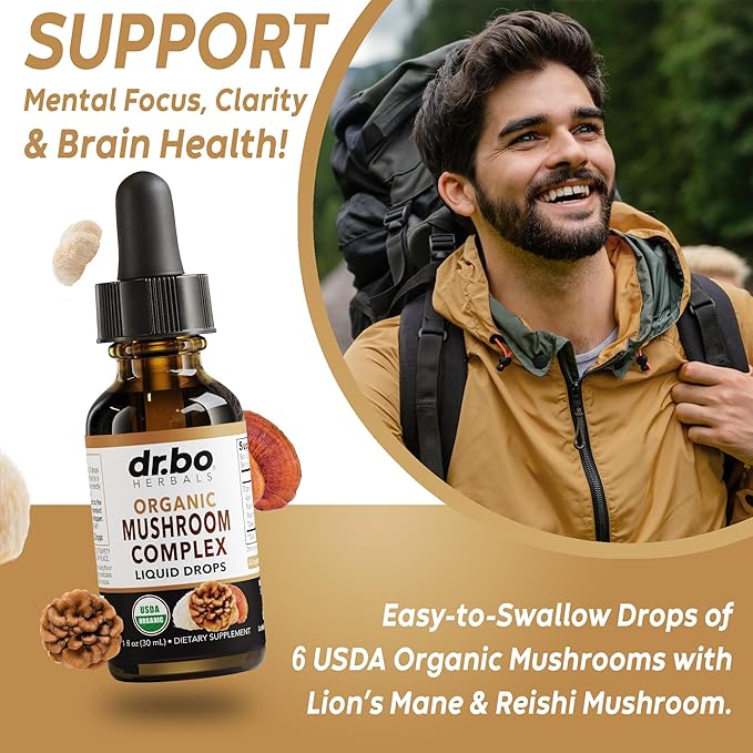 Organic Lions Mane Mushroom Complex - Mushroom Supplement Liquid Drops Tincture for Focus, Fog, Brain Health Supplements - Vegan, Herbal Organic Lion's Mane Mushrooms, Reishi, Turkey Tail Extract 1oz