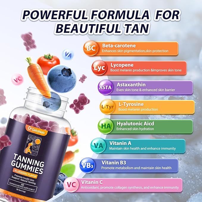 Tanning Gummies - Self Tan Bronzing Supplement that Work Without Sun - No Sugar Vegan with Astaxanthin Lycopene Beta Carotene and Vitamins-60 Count