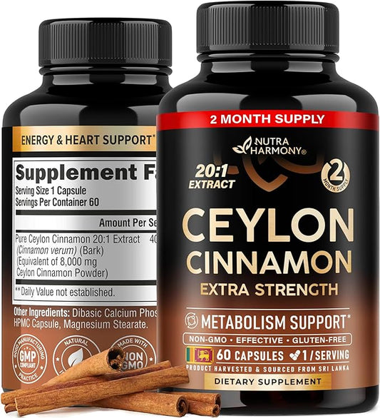 Ceylon Cinnamon Capsules - Extra Strength - Energy Heart & Metabolism Support for Men & Women - Pure Natural Cinnamon 20:1 Extract Supplement - GMO & Gluten Free - Made in USA - 60 Capsules 2 Month