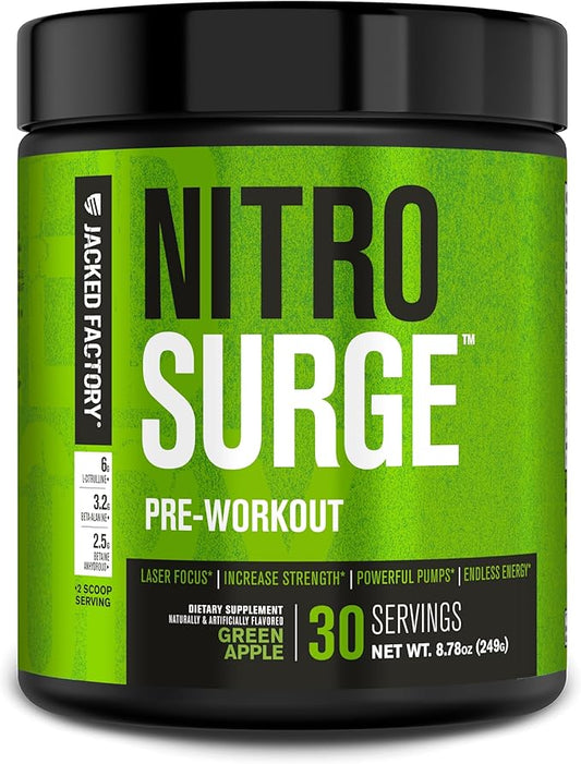 Jacked Factory NITROSURGE Pre Workout Supplement - Endless Energy, Instant Strength Gains, Clear Focus, Intense Pumps - NO Booster & Powerful Preworkout Energy Powder - 30 Servings, Green Apple