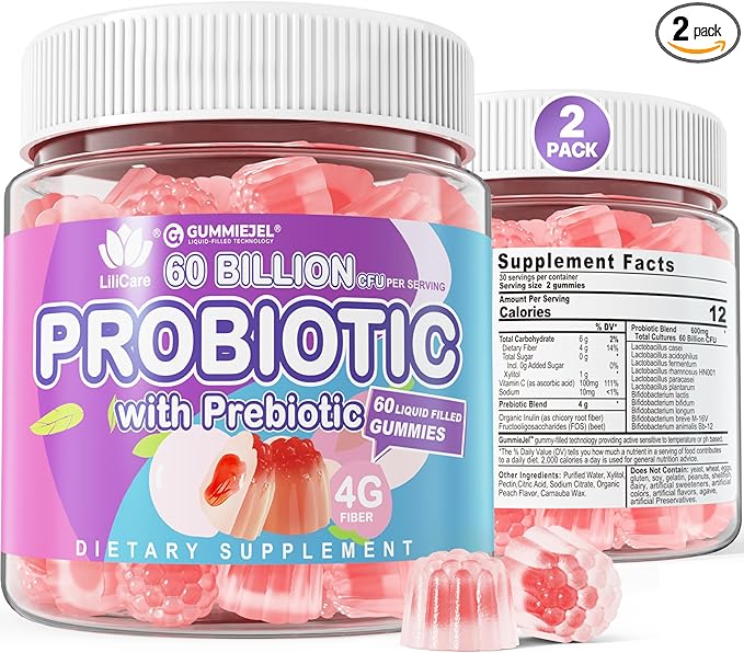 2Pack Probiotic + Prebiotics Gummies Sugar Free 60 Billion CFU, 11 Strains Probiotics Filled Gummies for Women Men Digestive Health and Gut Health, Supports Constipation, Diarrhea, Gas & Bloating
