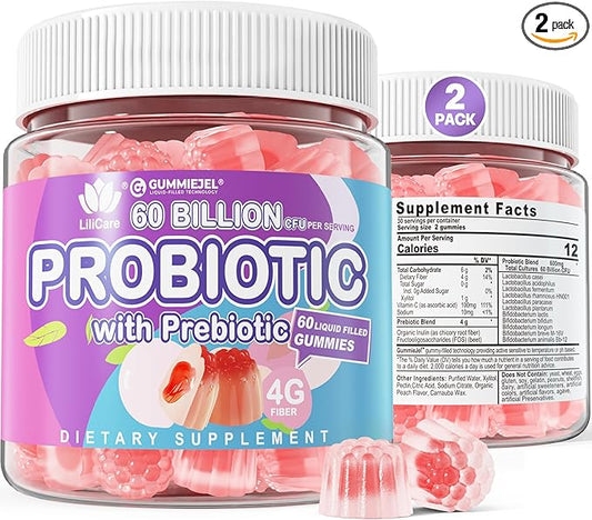 2Pack Probiotic + Prebiotics Gummies Sugar Free 60 Billion CFU, 11 Strains Probiotics Filled Gummies for Women Men Digestive Health and Gut Health, Supports Constipation, Diarrhea, Gas & Bloating
