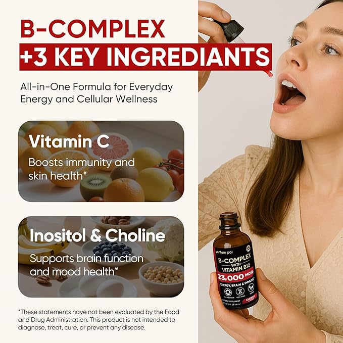 Venture Pal 11-in-1 Vitamin B Complex Liquid Drops, B12 Methylcobalamin | B9 Folic | B1,B2,B3,B5,B6,B7 - Vitamin C, Choline, Inositol, Immune & Energy Metabolism, Brain & Heart Support