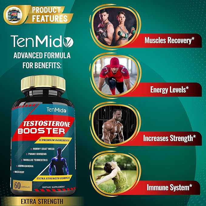 2 Packs of 60caps Testosterone Supplements Booster for Men, Equivalent to 10000mg - Natural Stamina, Endurance & Strength Supplement - Muscle Building Growth, Increasing Performance, Energy